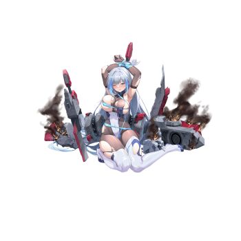1girl aqua_eyes arms_behind_head arms_up artist_request bad_link blush bodystocking boots breasts covered_navel elbow_gloves fingerless_gloves full_body gloves highres large_breasts leotard long_hair looking_at_viewer mitscher_(warship_girls_r) official_art one_eye_closed restrained rigging second-party_source smoke solo thigh_boots thighs torn_bodystocking torn_boots torn_clothes torn_gloves torn_leotard transparent_background warship_girls_r white_leotard