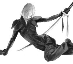Rule 34 | 1boy, armor, black bodysuit, black footwear, black gloves, bodysuit, boots, closed eyes, colored skin, final fantasy, final fantasy vii, final fantasy vii advent children, foot out of frame, gloves, grey hair, greyscale, hair over one eye, head down, highres, holding, holding sword, holding weapon, kadaj, katana, leather, long sleeves, male focus, monochrome, short hair, shoulder armor, solo, sword, thigh strap, weapon, white background, white skin, xscr1205