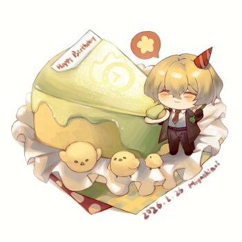 1boy artist_name baby_animal bird birthday_cake black_coat black_pants black_shoes blonde_hair blush cake cake_slice character_print chibi chibi_only chick closed_eyes closed_mouth coat collared_shirt commentary_request dante_(limbus_company) dated dress_pants dress_shirt facing_viewer food fork hair_between_eyes happy happy_birthday hat higashiaoi_7 highres holding holding_fork holding_plate limbus_company male_focus necktie open_clothes open_coat pants party_hat plate project_moon red_hat red_necktie shirt shoes sinclair_(project_moon) smile solo speech_bubble standing striped_hat undershirt white_shirt