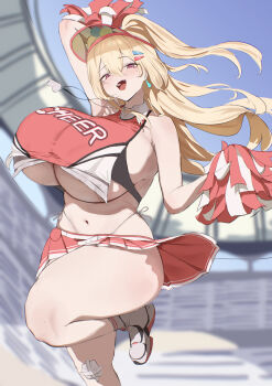 1girl :d absurdres belt blonde_hair blush breasts cheerleader clay_(nikke) clothes_lift crop_top earrings goddess_of_victory:_nikke hair_between_eyes hair_ornament hairclip highleg highleg_panties highres hth5k huge_breasts jewelry korean_commentary long_hair looking_at_viewer miniskirt mole mole_under_eye navel open_mouth panties pink_shirt pink_skirt pleated_skirt pom_pom_(cheerleading) shirt shoes side-tie_panties skirt skirt_lift smile solo stadium standing standing_on_one_leg underboob underwear visor_cap whistle whistle_around_neck white_shoes