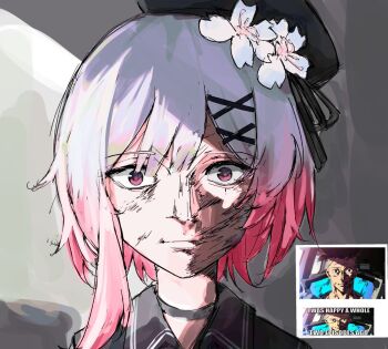 1girl beret black_choker choker commentary cross_ornament cyberpunk:_edgerunners cyberpunk_(series) david_martinez derivative_work english_text flower gradient_hair hair_flower hair_ornament hat hat_flower looking_at_viewer mahou_shoujo_no_majo_saiban meliach meme multicolored_hair pink_eyes pink_hair portrait sakuraba_ema screenshot_redraw short_hair thousand_yard_stare untranslatable_commentary white_background white_flower white_hair x_hair_ornament
