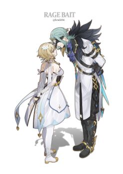 1boy 1girl absurdres aqua_hair armpit_crease arms_behind_back backless_dress backless_outfit bare_shoulders black_gloves black_shoes blonde_hair breasts commentary detached_sleeves dottore_(genshin_impact) dress english_text eye_mask face-to-face fingerless_gloves flower full_body genshin_impact gloves hair_flower hair_ornament highres kradebii long_sleeves looking_at_another lumine_(genshin_impact) mask mixed-language_commentary shoes smile twitter_username white_dress