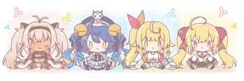 Rule 34 | 4girls, :3, ;3, absurdres, ahoge, amamiya kokoro, amamiya kokoro (1st costume), animal, animal on head, antenna hair, bell, beret, black hairband, black skirt, blonde hair, blue bow, blue hair, blue hat, blue jacket, blue shorts, blue skirt, blue socks, bow, breasts, brown hair, chibi, closed mouth, colored shadow, commentary request, dark-skinned female, dark skin, frilled skirt, frills, goat, hair bell, hair bow, hair ornament, hairband, hairclip, hat, heterochromia, highres, hoshikawa sara, hoshikawa sara (1st costume), jacket, jingle bell, juliet sleeves, large breasts, long hair, long sleeves, matsukai mao, matsukai mao (1st costume), mitarashi neko, multiple girls, navel, nijisanji, off shoulder, on head, one eye closed, open clothes, open jacket, pantyhose, pink eyes, puffy long sleeves, puffy sleeves, purple bow, purple eyes, red eyes, shadow, shorts, side ponytail, sitting, skirt, sleeves past fingers, sleeves past wrists, socks, striped clothes, striped thighhighs, takamiya rion, takamiya rion (1st costume), tank top, thighhighs, twintails, two side up, very long hair, virtual youtuber, white bow, white jacket, white pantyhose, white shorts, white tank top, x hair ornament, yellow eyes
