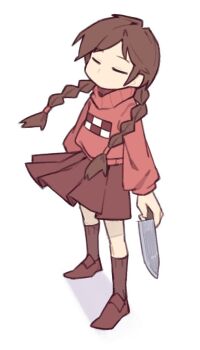 1girl braid brown_hair brown_shoes brown_skirt brown_socks closed_eyes commentary facing_viewer from_side fujimna full_body hair_tie kneehighs left-handed long_hair long_sleeves madotsuki no_mouth pink_sweater shadow shoes skirt socks solo sweater symbol-only_commentary turtleneck turtleneck_sweater twin_braids white_background yume_nikki