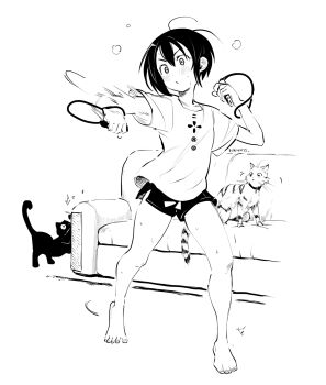 1girl 2025 arms_up artist_name bare_legs barefoot blush bob_cut cat collarbone commentary controller couch dot_nose double-parted_bangs english_commentary eudetenis full_body game_controller greyscale hair_between_eyes hatching_(texture) head_tilt highres holding holding_controller holding_game_controller joy-con laura_(eudetenis) linear_hatching monochrome motion_blur motion_lines original parted_bangs print_shirt puff_of_air punching shirt short_hair short_shorts short_sleeves shorts side_slit side_slit_shorts solo standing sweat t-shirt toenails toes turning_head v-shaped_eyebrows wide_sleeves wrist_straps