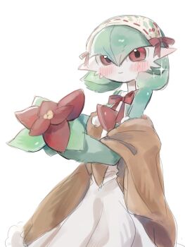 Rule 34 | bob cut, bow, brown shawl, colored skin, commentary, dress, flower, gardevoir, gardevoir (holiday wishes), gen 3 pokemon, green hair, green skin, highres, holding, holding flower, looking at viewer, mame (nanase pk), multicolored skin, nintendo, pink eyes, pokemon, pokemon (creature), red bow, red flower, shawl, simple background, sparkle, symbol-only commentary, two-tone skin, white background, white dress, white skin
