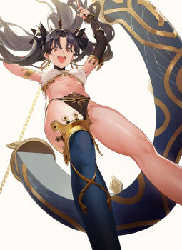 1girl absurdres ame_(uten_cancel) bikini black_hair cameltoe fate_(series) feet_out_of_frame gold highres ishtar_(fate) looking_at_viewer looking_down low_angle midriff open_mouth red_eyes smile solo swimsuit tiara twintails