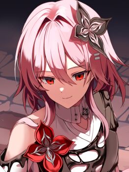 1girl black_flower closed_mouth evernight_(honkai:_star_rail) flower hair_between_eyes hair_flower hair_ornament honkai:_star_rail honkai_(series) long_hair march_7th_(honkai:_star_rail) official_alternate_costume official_alternate_eye_color pink_hair red_eyes silence_girl single_bare_shoulder smile solo unfinished upper_body
