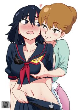 2girls age_difference apron artist_name black_hair blue_eyes blue_shirt blush breasts brown_hair cleavage commentary english_commentary grabbing_another's_breast groping hanamuko hanamuko_(hana_muko) heart highres hug hug_from_behind kill_la_kill large_breasts mankanshoku_sukuyo matoi_ryuuko mature_female medium_breasts midriff multiple_girls navel neckerchief red_neckerchief school_uniform senketsu serafuku shirt short_hair skirt sweat undressing_another wide-eyed yuri