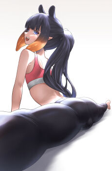 1girl absurdres alternate_costume ass blue_eyes blunt_bangs exercising gradient_hair highres hololive hololive_english honkivampy long_hair looking_at_viewer multicolored_hair ninomae_ina'nis open_mouth orange_hair pants pointy_ears pointy_nose ponytail purple_hair side_sitting_split sidelocks solo sports_bra spread_legs squatting tentacle_hair thighhighs thighs very_long_hair virtual_youtuber yoga_pants