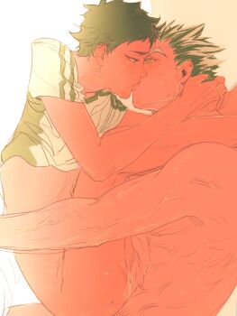 2boys akaashi_keiji anal black_hair blush bokuto_koutarou bottomless cum cum_in_ass cum_overflow french_kiss haikyuu!! highres kiss koukiki9 legs_on_another&#039;s_shoulders male_focus male_penetrated mating_press multicolored_hair multiple_boys nude sex shirt short_hair sweat thighs toned toned_male two-tone_hair veins veiny_arms white_hair yaoi yellow_eyes