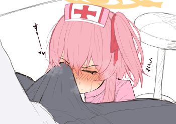1boy 1girl black_pants blue_archive blush bulge closed_eyes commentary dress erection erection_under_clothes feather_hair hair_ribbon halo hat heart highres nurse nurse_cap official_alternate_costume one_side_up pants pink_dress pink_hair pink_hat red_ribbon ribbon serina_(blue_archive) serina_(nurse)_(blue_archive) shuttisss smelling smelling_penis steaming_body sweat translated yellow_halo