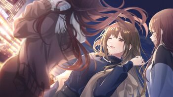 alstroemeria_(idolmaster) brown_eyes brown_hair building buttons closed_eyes cloud game_cg idolmaster idolmaster_shiny_colors idolmaster_shiny_colors_song_for_prism jewelry kuwayama_chiyuki necklace official_art one_eye_closed open_mouth osaki_amana osaki_tenka red_hair