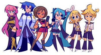 2boys 4girls absurdres aqua_eyes aqua_hair aqua_necktie aqua_trim arm_tattoo bare_shoulders belt black_belt black_boots black_dress black_eyes black_leg_warmers black_sailor_collar black_shorts black_sleeves blonde_hair blue_eyes blue_hair blue_scarf boots breasts bright_pupils brown_boots brown_hair cleavage closed_mouth coat crossed_arms detached_sleeves dress expressionless gloves grey_gloves grey_pants grey_shirt hair_ornament hairclip hand_on_own_hip hatsune_miku headphones highres holding holding_microphone holding_microphone_stand jitome kagamine_len kagamine_rin kaito_(vocaloid) large_breasts leg_warmers looking_at_another looking_at_viewer looking_to_the_side megurine_luka meiko_(vocaloid) microphone microphone_stand midriff multiple_boys multiple_girls navel neckerchief necktie number_tattoo open_mouth pants ponytail rainelyn00 red_skirt ribbon sailor_collar scarf school_uniform serafuku shirt shoes short_hair short_ponytail shorts skirt smile smug tattoo toon_(style) triangle_mouth twintails very_short_hair vocaloid white_coat white_pupils white_ribbon white_serafuku white_shoes yellow_belt yellow_boots yellow_neckerchief yellow_necktie yellow_sleeves yellow_trim