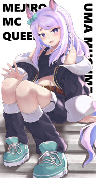 1girl absurdres animal_ears aqua_bow bare_shoulders belt black_jacket black_shirt black_shorts blush bow braid brown_belt character_name commentary_request cropped_jacket ear_bow highres horse_ears horse_girl horse_tail jacket leg_warmers long_hair long_sleeves looking_at_viewer mejiro_mcqueen_(umamusume) open_clothes open_jacket open_mouth purple_eyes purple_hair shirt shoes shorts shoutoro sitting sleeveless sleeveless_shirt smile solo tail umamusume