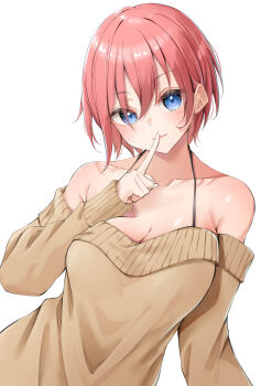 Rule 34 | 1girl, absurdres, blue eyes, bra strap, breasts, brown sleeves, brown sweater, choppy bangs, cleavage, closed mouth, commentary request, detached sleeves, finger to mouth, go-toubun no hanayome, hand up, highres, index finger raised, kuwakuma, large breasts, long finger, long sleeves, looking at viewer, nakano ichika, pink hair, short hair, shushing, simple background, solo, strapless, sweater, upper body, white background