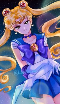 1girl bishoujo_senshi_sailor_moon bishoujo_senshi_sailor_moon_(first_season) blonde_hair blue_sailor_collar blue_skirt bow bowtie choker collarbone cosplay crescent_choker earrings elbow_gloves fukujaku gloves jewelry long_hair looking_at_viewer official_cosplay purple_bow purple_bowtie purple_choker red_choker sailor_collar sailor_moon sailor_moon_(cosplay) sailor_senshi_uniform skirt solo transformation_brooch_(sailor_moon) twintails white_gloves zoisite_(sailor_moon)