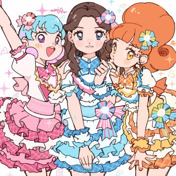 3girls :d aikatsu! aikatsu!_(series) arm_up blue_bow blue_bowtie blue_eyes blue_hair blue_skirt bow bowtie brown_hair cowboy_shot dojima_nina frilled_sleeves frills gradient_hair highres kurisu_kokone layered_skirt long_hair looking_at_viewer miniskirt multicolored_hair multiple_girls nail_polish open_mouth orange_hair orange_skirt outstretched_arm pink_bow pink_bowtie pink_hair pink_skirt ponytail purple_eyes shirakaba_risa shirt short_hair skirt smile sparkle standing white_shirt wrist_cuffs yukikokoro