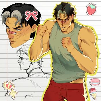 1boy batman_(series) black_hair blue_eyes bodysuit clenched_hands dc_comics deadm4n facial_scar highres jason_todd large_pectorals male_focus multicolored_bodysuit muscular muscular_male pants pectorals scar scar_on_cheek scar_on_face short_hair solo tank_top two-tone_bodysuit