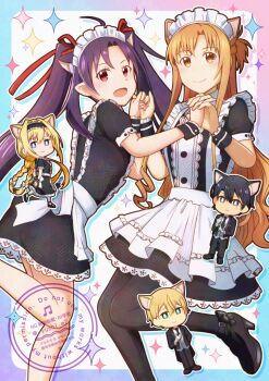 2boys 3girls :d alice_zuberg alternate_costume alternate_hairstyle animal_ear_fluff animal_ears apron asuna_(sao) black_hairband black_jacket black_necktie black_pants black_shoes black_thighhighs blonde_hair blue_eyes braid butler cat_boy cat_ears cat_girl chibi chibi_inset closed_mouth eugeo gloves hair_between_eyes hairband high_heels highres holding_hands jacket kirito leg_up long_hair long_sleeves looking_at_viewer maid maid_apron maid_headdress multiple_boys multiple_girls necktie open_clothes open_jacket open_mouth orange_eyes orange_hair pants puffy_short_sleeves puffy_sleeves purple_hair red_eyes shoes short_hair short_sleeves sidelocks smile sword_art_online thighhighs twin_braids twintails very_long_hair vest white_gloves wrist_cuffs yushi_m2 yuuki_(sao)