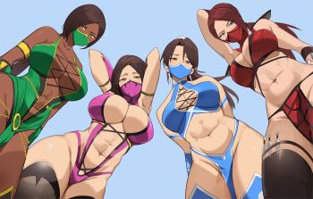 4girls abs absurdres armpits arms_behind_head arms_up bikini black_hair blue_eyes boots breasts brown_eyes brown_hair cleavage cross-laced_clothes dark-skinned_female dark_skin dress earrings from_below green_dress green_eyes harem highres jade_(mortal_kombat) jewelry kitana kunai large_breasts leotard loincloth long_hair looking_at_viewer looking_down mask mileena_(mortal_kombat) mortal_kombat_(series) mouth_mask mouth_veil multiple_girls muscular muscular_female navel ninja ninja_mask parted_bangs pelvic_curtain pink_leotard ponytail red_eyes red_hair revealing_clothes short_hair skarlet slingshot_swimsuit swimsuit t-lex thigh_boots thighhighs thighs toned veil weapon yellow_eyes