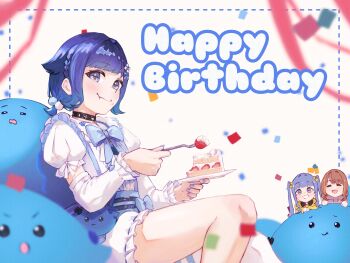 3girls absurdres black_choker blue_bow blue_hair blue_nails bow braid brown_hair cake center_frills choker commentary_request confetti detached_sleeves food food_on_face frilled_cloak frills fruit gradient_hair grey_eyes grey_hair hair_flaps hair_intakes happy_birthday highres low_twintails multicolored_hair multiple_girls open_mouth parted_bangs puffy_cheeks puffy_short_sleeves puffy_shorts puffy_sleeves ribbon_trim sendo_yuuhi sendo_yuuhi_(loungewear) short_sleeves short_twintails shorts solo_focus strawberry strawberry_shortcake suspenders tsubu_(kappunioyu562) tsumugi_kokage tsumugi_kokage_(2nd_costume) twintails virtual_youtuber vspo! yano_kuromu yano_kuromu_(3rd_costume)