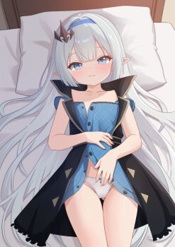 1girl blue_dress blue_eyes blue_hairband bow bow_panties closed_mouth collarbone commentary_request dress female_tyrant_(stella_sora) flat_chest grey_hair hairband head_on_pillow long_hair looking_at_viewer lying nc731 on_back paid_reward_available panties pillow pointy_ears smile solo stella_sora tyrant_(stella_sora) underwear white_panties