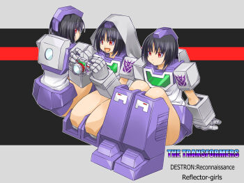 3girls armor armored_boots from_behind black_hair boots camera closed_mouth decepticon dot_mouth expressionless full_body gauntlets genderswap genderswap_(mtf) gloves grey_gloves grey_hood half-closed_eyes headpiece holding holding_camera hood hood_up humanization insignia kageyama_shinobi knees_to_chest knees_up looking_at_viewer looking_back mecha_musume mechanical_boots multiple_girls open_mouth profile purple_armor purple_boots red_eyes reflector_(transformers) seiza short_hair siblings sideways_glance sisters sitting smile solo spectro_(transformers) spyglass_(transformers) transformers transformers:_generation_1 triplets viewfinder_(transformers)