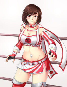 1girl brown_hair fingerless_gloves gloves green_eyes highres hinomoto_reiko konami rumble_roses scarf wrestler wrestling_ring