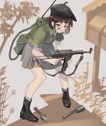 Rule 34 | 1girl, absurdres, anti-tank grenade, backpack, bag, bent over, beret, black footwear, black hat, blunt ends, bob cut, boots, branch, bright pupils, brown eyes, brown hair, cable, commentary, english commentary, explosive, facepaint, finger on trigger, foliage, full body, green bag, green skirt, grenade, grey skirt, grey socks, grimace, gun, hat, highres, holding, holding gun, holding weapon, klottinen, light blush, mailbox (incoming mail), military, original, outdoors, pigeon-toed, radio, radio antenna, short hair, skirt, socks, solo, squatting, strap, submachine gun, weapon, weapon request, white background
