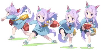 1girl absurdres aged_down animal_ears bag ball baseball baseball_glove black_shorts blue_dress bow braid child clenched_teeth closed_mouth dress ear_bow grey_footwear highres holding holding_ball horse_ears horse_girl horse_tail long_hair long_sleeves mejiro_mcqueen_(umamusume) multiple_views name_tag nishiki_kazue open_mouth pitching purple_eyes purple_hair sequential shoes shorts shoulder_bag simple_background socks standing standing_on_one_leg tail teeth umamusume v-shaped_eyebrows white_background white_socks