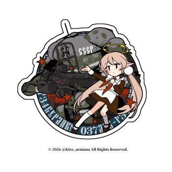 Rule 34 | 1girl, apron, black eyes, blonde hair, brown dress, commentary, dress, english commentary, frilled apron, frills, halo, highres, kiriyaukiyoe, laika (kiriyaukiyoe), long hair, looking to the side, mecha, neckerchief, original, red neckerchief, robot, school uniform, socks, solo, soviet school uniform, sticker (medium), twintails, very long hair, white socks