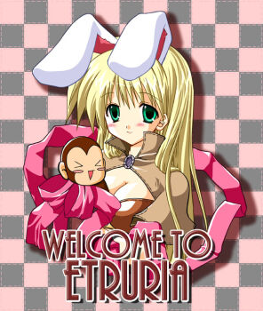 1girl 2000s_(style) alto_seneka animal_ears bad_id bikini blonde_hair blush bow breasts brown_bikini brown_capelet capelet checkered_background cleavage closed_mouth commentary_request fake_animal_ears green_eyes grey_background large_breasts long_hair looking_at_viewer mage_(ragnarok_online) monkey pink_background pink_bow rabbit_ears ragnarok_online rusty_soul smile solo swimsuit upper_body yoyo_(ragnarok_online)