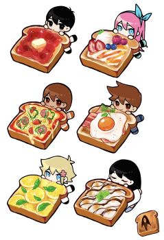 Rule 34 | 2girls, 4boys, antenna hair, aubrey (faraway) (omori), aubrey (omori), bacon, barefoot, basil (faraway) (omori), basil (omori), bell pepper, black eyes, black hair, black shoes, black socks, blonde hair, blue eyes, blue hairband, blueberry, bread, bread slice, bright pupils, brother and sister, brothers, brown eyes, brown hair, cheese, chibi, chibi only, chocolate syrup, closed eyes, closed mouth, dark-skinned male, dark skin, double-parted bangs, dress, expressionless, flower, food, fried egg, fried egg on toast, fruit, full body, green bell pepper, green shoes, hair behind ear, hair between eyes, hair flower, hair ornament, hairband, hero (faraway) (omori), hero (omori), highres, jam, kel (faraway) (omori), kel (omori), kneehighs, leaf, lemon, lemon slice, long dress, long hair, looking at viewer, mari (omori), mari (spirit) (omori), marshmallow, multiple boys, multiple girls, omori, orange shoes, pepperoni, pink flower, pink hair, raspberry, roasted marshmallow, shoes, short hair, siblings, simple background, smile, socks, something (omori), spoilers, strawberry, strawberry slice, sunny (omori), timaki, toast, tomato sauce, twitter username, u u, v-shaped eyebrows, very short hair, white background, white dress, white pupils, white socks