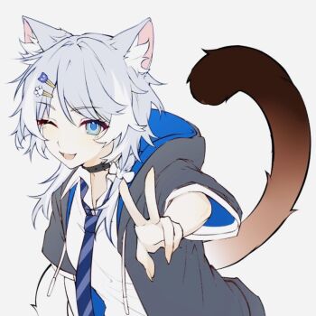 1girl alternate_costume animal_ear_fluff animal_ears blue_eyes cat_ears cat_tail choker cipher_(honkai:_star_rail) commentary_request grey_hair hair_ornament hairclip honkai:_star_rail honkai_(series) hood hoodie looking_at_viewer necktie one_eye_closed puyopuyo_10 school_uniform shirt simple_background tail unfinished v white_streaks