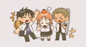 Rule 34 | +++, 1girl, 2boys, anger vein, arm up, bag, black hair, black pants, black shirt, black skirt, blue bow, blue bowtie, blue skirt, blush, blush stickers, bow, bowtie, chibi, clenched hand, closed eyes, collared shirt, commentary, contemporary, earrings, facial scar, facing another, food, food on head, fruit, fruit on head, full body, green hair, grey background, hat, jewelry, kneehighs, mandarin orange, monkey d. luffy, multiple boys, nami (one piece), object on head, one piece, only op2024, open clothes, open mouth, open shirt, orange hair, pants, pleated skirt, puff of air, roronoa zoro, scar, scar on cheek, scar on face, school uniform, shirt, short hair, short sleeves, shoulder bag, skirt, smile, socks, standing, straw hat, straw hat pirates, symbol-only commentary, unworn hat, unworn headwear, weapon bag, white shirt, white socks