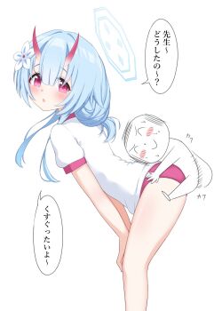 1boy 1girl :o alternate_costume alternate_hairstyle blue_archive blue_hair blue_halo blunt_bangs blush blush_stickers buruma center-flap_bangs chise_(blue_archive) commentary_request demon_girl demon_horns doodle_sensei_(blue_archive) dry_humping feet_out_of_frame flower from_side gym_shirt gym_uniform hair_flower hair_intakes hair_ornament halo hands_on_own_knees hetero highres horns humping leaning_forward long_hair looking_at_viewer open_mouth pink_buruma red_eyes sensei_(blue_archive) shirt short_sleeves sidelocks simple_background sound_effects speech_bubble sweat tareme translation_request white_background white_flower white_shirt yamichi_(yamichi8369)