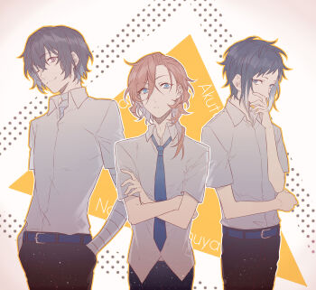 Rule 34 | 3boys, akutagawa ryuunosuke (bungou stray dogs), bandaged arm, bandages, belt, black hair, black pants, blue belt, blue eyes, blue necktie, bungou stray dogs, character name, collared shirt, commentary request, covering own mouth, crossed arms, dazai osamu (bungou stray dogs), gradient hair, grey eyes, grey hair, hair between eyes, hand on own face, hands in pockets, highres, looking at viewer, male focus, multicolored hair, multiple boys, nakahara chuuya (bungou stray dogs), necktie, one eye closed, orange hair, orz1016, pants, school uniform, shirt, shirt tucked in, short hair, smile, triangle, white shirt