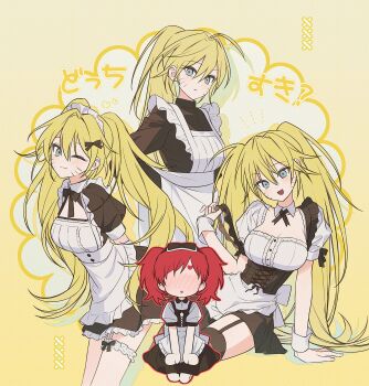 2girls absurdres apron black_bow black_bowtie black_corset black_dress black_hairband black_thighhighs blue_eyes blush bow bowtie breasts cleavage closed_mouth collared_dress commentary_request corset dress facial_mark gaara_(naruto) garter_straps genderswap genderswap_(mtf) hair_between_eyes hair_bow hairband highres leaning_forward long_hair maid_apron maid_headdress medium_breasts multiple_girls naruko_(naruto) naruto_(series) no_eyes one_eye_closed open_mouth parted_lips puffy_short_sleeves puffy_sleeves scar scar_on_face scar_on_forehead short_sleeves sitting smile thigh_strap thighhighs twintails very_long_hair whisker_markings white_apron white_dress white_wrist_cuffs wrist_cuffs xxny_iixx yellow_background