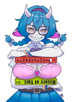Rule 34 | 1girl, animal ears, bad source, belt, blue hair, blue skirt, book, bow, bra, braid, braided twintails, breasts, breasts squeezed together, colored sclera, colored skin, cow ears, glasses, grey sclera, grey skin, horns, large breasts, mat (matdesenheiro), pink bra, sharp teeth, skirt, socks agency, teeth, twin braids, underwear, virtual youtuber, white background, yellow eyes, yomi quinnley