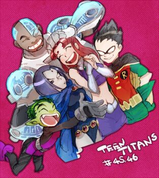 2girls 3boys bald beast_boy_(dc) belt black_hair bodysuit cape cartoon_network cloak closed_eyes colored_skin copyright_name cyborg cyborg_(dc) dark_skin dc_comics dick_grayson domino_mask eye_mask fangs garfield_logan gloves green_hair green_skin grey_skin leotard mask midriff multiple_boys multiple_girls one_eye_closed open_mouth pointy_ears purple_footwear purple_hair raven_(dc) red_hair robin_(dc) shoes skirt smile starfire teen_titans tetu vambraces victor_stone wink