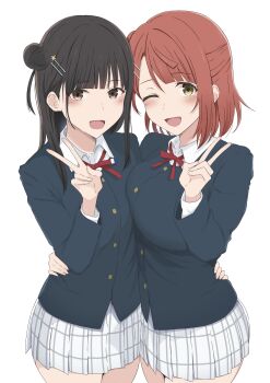 2girls absurdres black_eyes black_hair black_jacket blazer blunt_bangs blush breasts collared_shirt commentary_request flower_stand_art green_eyes hair_bun hand_on_another's_waist highres jacket large_breasts long_sleeves looking_at_viewer love_live! love_live!_nijigasaki_high_school_idol_club medium_hair midocchi miniskirt multiple_girls neck_ribbon nijigasaki_school_uniform one_eye_closed oonishi_aguri open_mouth parted_bangs pleated_skirt real_life red_hair red_ribbon ribbon school_uniform shirt short_hair simple_background single_hair_bun single_side_bun skirt smile uehara_ayumu v voice_actor voice_actor_connection white_background white_shirt white_skirt