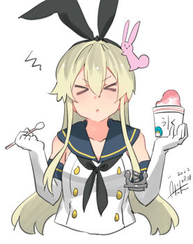 Rule 34 | > <, 1girl, absurdres, animal ears, black hairband, black neckerchief, black ribbon, blonde hair, blush, brain freeze, buttons, closed eyes, double-breasted, eating, elbow gloves, facing viewer, fake animal ears, food, gloves, hair between eyes, hairband, highres, holding, holding food, holding ice cream, holding spoon, ice, ice cream, inica, kantai collection, long hair, neckerchief, open mouth, rabbit, rabbit ears, ribbon, sailor collar, school uniform, serafuku, shimakaze (kancolle), shirt, solo, spoon, upper body, very long hair, white gloves, white shirt