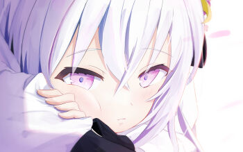 1girl :t absurdres azusa_(blue_archive) blue_archive blush cheek_press close-up closed_mouth commentary crossed_bangs fingernails hair_between_eyes highres long_sleeves looking_at_viewer pout purple_eyes shaketamago sidelighting simple_background solo white_background white_hair