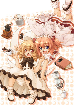2girls blonde_hair blue_eyes book chestnut_mouth coffee coffee_beans coffee_pot cup drill_hair fang female_focus hat hirasaka_makoto luna_child multiple_girls open_mouth orange_hair patterned_background red_eyes smile sunny_milk touhou twintails wings