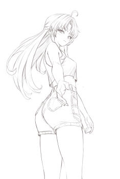 1girl ahoge alternate_costume bare_shoulders breasts carlotta_(wuthering_waves) closed_mouth commentary crop_top ddcc0123 english_commentary from_side highres light_blush lineart long_hair looking_to_the_side medium_breasts offering_hand shirt shorts simple_background sketch sleeveless sleeveless_shirt solo thighs white_background wuthering_waves