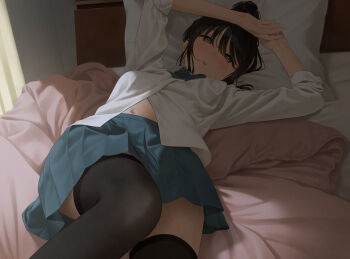 1girl black_hair black_thighhighs blue_skirt bow bowtie commentary_request hair_bun head_on_pillow highres looking_at_viewer lying navel on_back on_bed open_mouth original pillow pleated_skirt school_uniform shirt skirt solo thighhighs white_shirt yukishima_momo