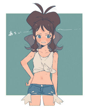 Rule 34 | 1girl, bare shoulders, blue eyes, blush, breasts, brown hair, collarbone, commentary request, crop top, cropped shirt, cutoffs, denim, denim shorts, high ponytail, highres, hilda (pokemon), hime (himetya105), long hair, looking at viewer, midriff, navel, nintendo, open mouth, pokemon, pokemon bw, ponytail, shirt, short shorts, shorts, sidelocks, simple background, small breasts, solo, sweat, sweatdrop, tank top, teeth, tied shirt, white shirt, white tank top