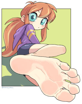 1girl absurdres ahoge animification artist_name barbara_gordon barefoot bike_shorts black_shorts blue_eyes blush blush_stickers border child closed_mouth dc_comics dc_super_hero_girls dot_mouth eyelashes feet female_focus foot_focus hair_between_eyes highres hood hood_down hoodie legs long_hair long_sleeves looking_at_viewer looking_back lying multiple_views on_side orange_hair outstretched_foot oyatsu_(mk2) ponytail purple_hoodie short_shorts shorts shy sidelocks soles toenails toes turnaround unworn_footwear white_border