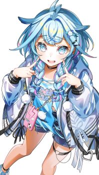 1girl :d absurdres ahoge ankle_strap blue_bow blue_eyes blue_hair blue_shirt blue_shorts bow braid cellphone chain chain_necklace choker commentary_request double-parted_bangs feet_out_of_frame fingers_to_cheeks furuki_ayaginutaira hair_bow hair_flaps hair_intakes hair_ornament hairclip heart heart_o-ring highres hololive hololive_dev_is hood hooded_jacket index_fingers_raised jacket jewelry leaning_forward lightning_ahoge long_hair long_sleeves looking_at_viewer low_twin_braids mizumiya_su mizumiya_su_(1st_costume) multicolored_hair necklace o-ring o-ring_choker o-ring_thigh_strap open_clothes open_jacket open_mouth parallel_hairclips phone pink_streaks pointing pointing_at_self pom_pom_(clothes) print_shirt raised_inner_eyebrows shirt short_shorts shorts simple_background smartphone smartphone_case smile solo streaked_hair teeth thigh_strap torn_clothes torn_shirt torn_shorts twin_braids two-tone_hair upper_teeth_only virtual_youtuber white_background white_jacket white_sleeves x_hair_ornament
